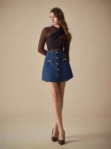 SHEIN Frenchy Women's Summer Casual Front Button Denim Skirt - Blue - View 8