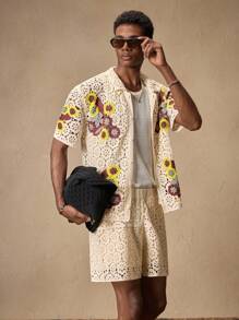 AKNOTIC 2 Stück/Set Herren gestrickte lässige lose Poloshirt mit Kurzarm und gerade geschnittene Short mit Gummibund, geeignet für Sommer, Urlaub, Alltag, Party, Paar-Outfit, Herren Geschenk, Reiseessentials - Aprikosenfarben - Übersicht 4