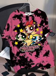 THE POWERPUFF GIRLS X SHEIN Plus Size Round Neck Short Sleeve T-Shirt, Comfortable & Casual, Featuring Tie-Dye & Blossom, Bubbles, Buttercup Pattern