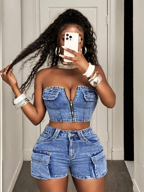 Slaydiva Top scurt din denim pentru femei, cu fermoar în față, bustier, croială slim și sexy