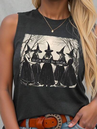 Calvaya Plus Size Women Halloween Witch Print Tank Top Graphic Tees Women Tops