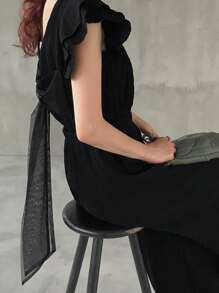 FRIFUL 女士纯色荷叶边短袖宽松阔腿连体裤，休闲短袖夏季露背连体裤，黑色连体裤，黑色透视上衣系带露背连体裤，黑色露背上衣 - 黑色 - 查看 5