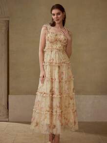 MOTF Soiréza MESH ALLOVER FLORAL PRINT LAYERED RUFFLE TRIM BUSTIER COCKTAIL DRESS - Yellow - View 4