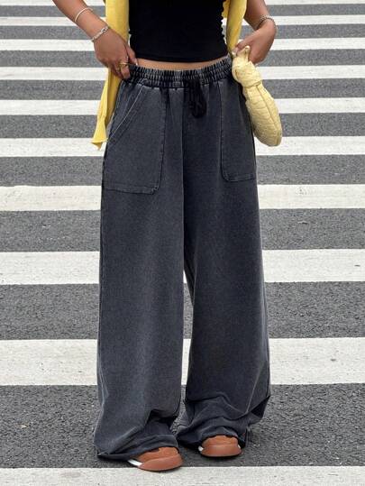 Muchica Women's Grunge Black Knitted Culottes With Drawstring Waist And Distressed  Wash. Loose Casual Style