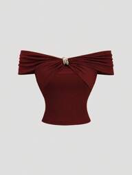 Sweetra Women's New Spring/Summer Off Shoulder Green Solid Soft Fabric Sexy Commuter Daily Wear Gold Decor Top