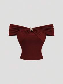 Sweetra 女式春夏新款露肩绿色纯色柔软面料性感通勤日常穿着金色装饰上衣 - 酒紅色 - 查看 1