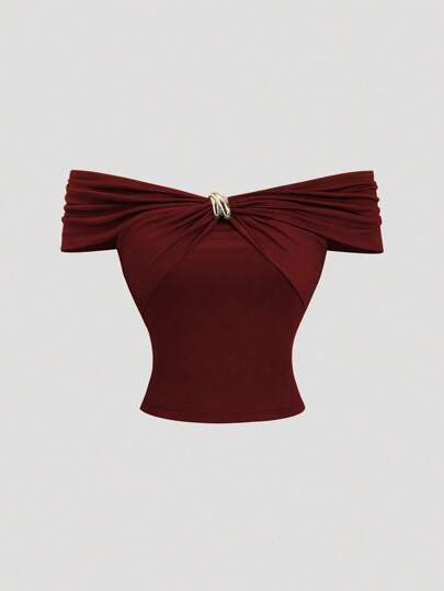 Sweetra Women's New Spring/Summer Off Shoulder Green Solid Soft Fabric Sexy Commuter Daily Wear Gold Decor Top