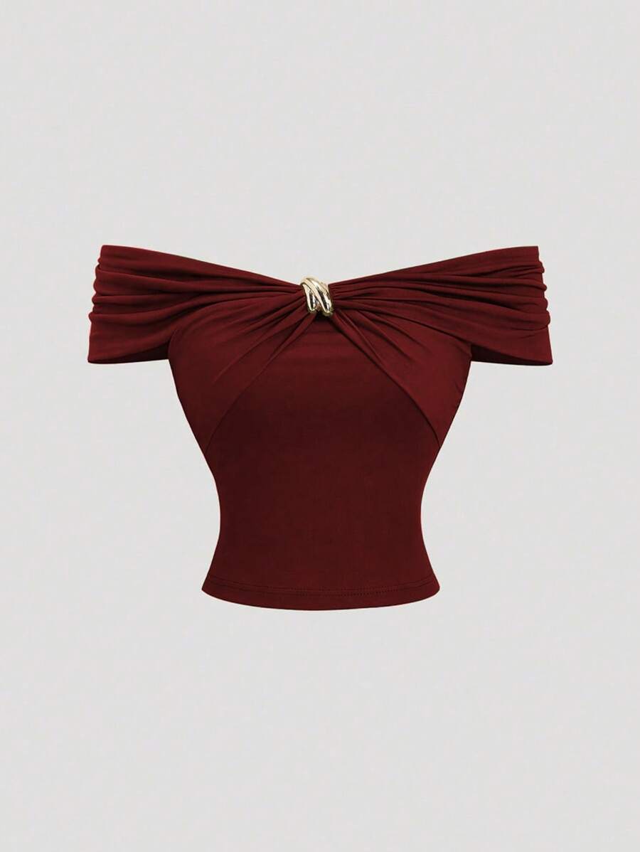 Sweetra 女式春夏新款露肩绿色纯色柔软面料性感通勤日常穿着金色装饰上衣 - 酒紅色 - 查看 1