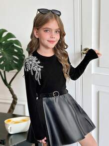 SHEIN 2pcs Tween Girls Casual Elegant Rhinestone Embroidered Knit Top And PU Skirt Set, Suitable For Christmas, Daily Wear - Black - View 3