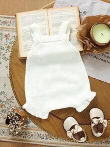 SHEIN Playful Pals 一件甜美风婴儿针织吊带连体衣，白色带粉色蝴蝶结和荷叶边装饰，女婴针织连体衣，带蝴蝶结，女婴连体衣，打结婴儿毛衣连体衣，女婴秋冬款 - 白色 - 查看 2