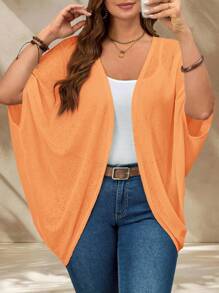 EMERY ROSE Plus Size Vacation Solid Color Asymmetric Hem Batwing Sleeve Casual Jacket,Spring/Summer Fall Women Clothes,Autumn,Fall Clothes Orange Cardigan Summer Cardigan Plus Size Summer Cardigan Orange Plus Size Cardigan Winter - Orange - View 3