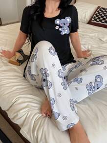 Cute Cartoon Print Casual Round Neck Short Sleeve Pants Sleepwear Set For Women - White - View 3