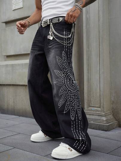 Street Life بنطال جينز رجالي واسع الساق فضفاض مزين بأحجار راين ستون ورسومات زهرية لحياة الشارع