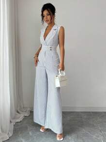 Women's Lapel Neck Black & White Striped Elegant Jumpsuit - Black and White - View 3