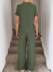 SHEIN LUNE 素色T恤和闊腿褲 - 軍綠色 - 查看 2