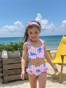 SHEIN GraphicGems Young Girls Striped Cartoon Print Bikini Set, Beach Vacation Bathing Suits For Kids Bathing Suit Set Kids Bathing Suits For Girls One Price Bathing Suits For Girls Young Girls Bikini Sets Girls Swim Set