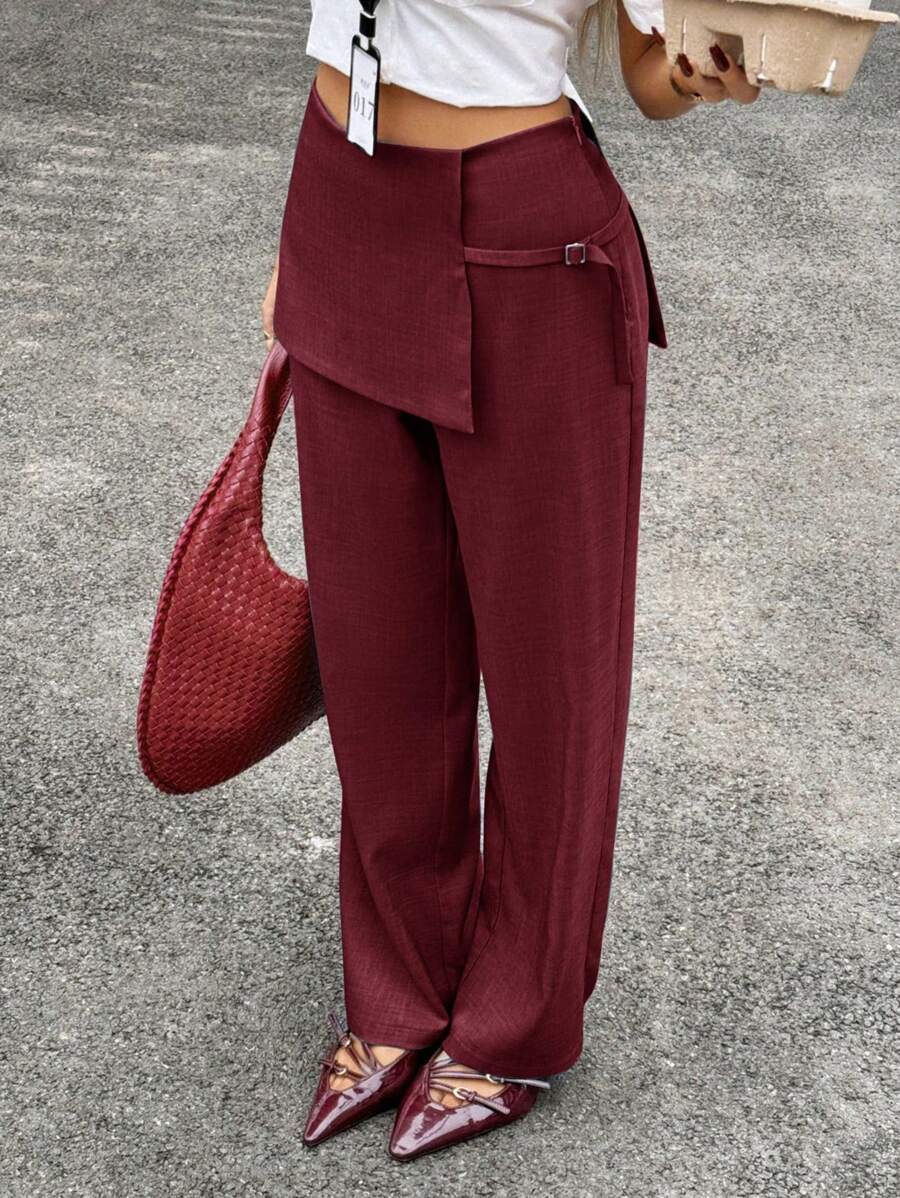 Siren Gaze 时尚双层设计修身裤，灰色女士通勤长裤 - 酒紅色 - 查看 1