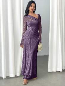 Modelyn 优雅蝴蝶结网眼不对称领口连衣裙