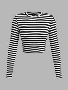 SHEIN EZwear 3 件套休闲纯色条纹修身短款长袖圆领 T 恤，大码女款，适合春秋季 - 彩色 - 查看 3