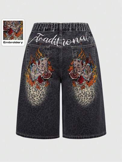 J-Fashion Große Größen Retro seltene Farbverlauf Leoparden Muster Leoparden Stickerei Taschen Jeans