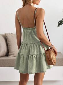 SHEIN LUNE 女式夏季荷叶边下摆性感吊带牛仔连衣裙 - 軍綠色 - 查看 2