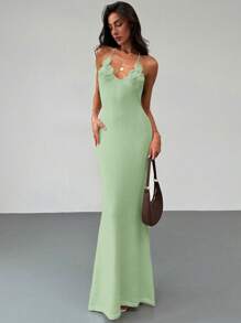 Aloruh Apricot Backless Summer Knitted Dress With Tie Up Neck, Slim Fit Holiday & Date Night Dress For Women