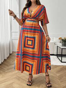 INAWLY 大码几何印花度假性感连衣裙 - 杏色 - 查看 3