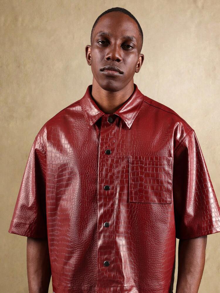 Short Sleeve Crocodile Pattern Faux Leather Button Down Shirt
