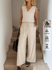 Easowa V-Neck Waist Tie Bow Decor Side Pockets Sleeveless Jumpsuit Wide Leg Pants, Casual Vacation Elegant Outfit For Women, Spring Summer Western Wear Women Business Casual Women Old Money Style Women Vacation Outfits Woman