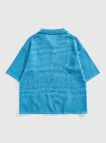 ROMWE MEN Casual 男士刺绣花卉图案宽松落肩镂空针织 Polo 衫，非常适合度假 - 藍色 - 查看 2