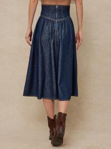 WESTFADE 西部系带低腰修身喇叭棉混纺牛仔中长裙夏季海滩度假 - 深色水洗藍 - 查看 3