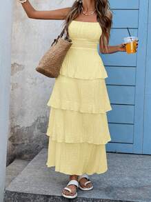 SHEIN VCAY Plus Size Women Solid Color Ruffle Hem Spaghetti Strap Dress, Vacation Wear,Wedding Guest Dress