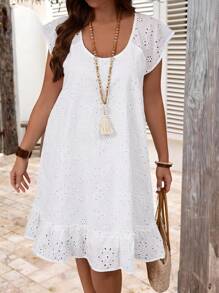 EMERY ROSE Abito largo da donna stile vacanza estiva, tinta unita, in rete con ricamo, manica raglan, taglie comode