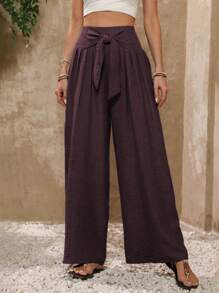 EMERY ROSE Women's Solid Color Vacation High Waist Knotted Pleated Wide Leg Loose Pants - Maroon - View 5