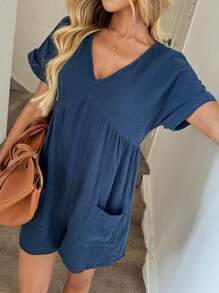 Easowa Solid Batwing Sleeve Pocket Patched Romper - Blue - View 4