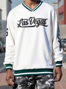 SHEIN Teen Boy Casual Comfortable Letter Graphic V-Neck Oversized Long Sleeve Knitted White Sweatshirt, Versatile For Daily Wear,In Fall/Winter - White - View 1