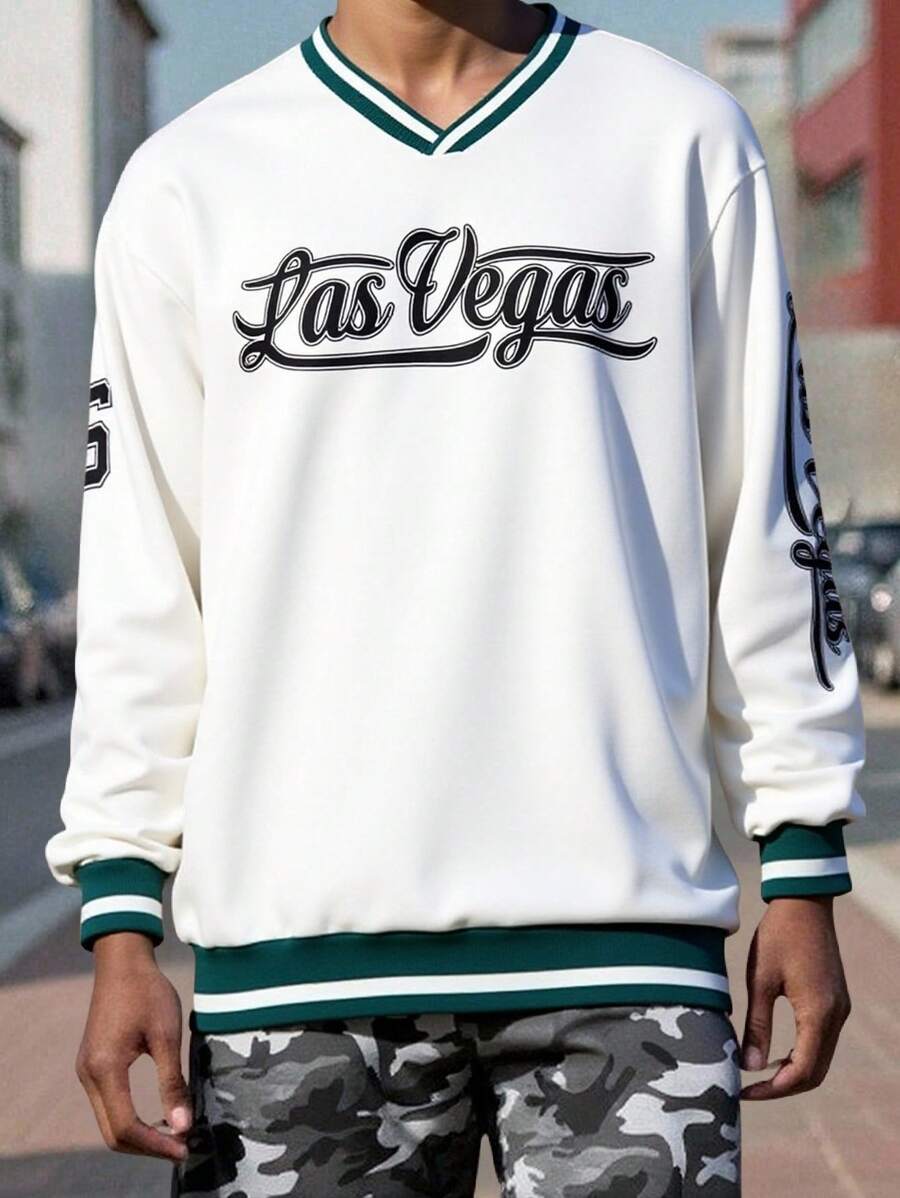 SHEIN Teen Boy Casual Comfortable Letter Graphic V-Neck Oversized Long Sleeve Knitted White Sweatshirt, Versatile For Daily Wear,In Fall/Winter - White - View 1