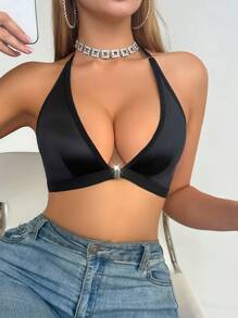 SHEIN 女士纯色前扣式吊带文胸 - 黑色 - 查看 4