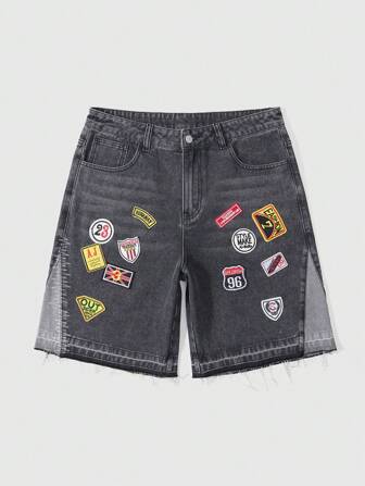 Men's Street Life Letter Embroidery Patch Pocket Frayed Hem Casual Denim Shorts