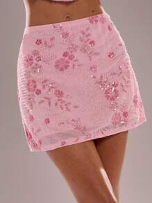 SHEIN BAE 女士夏季度假亮片刺绣迷你裙 - 粉色 - 查看 1