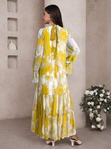 Veilorie Women's Tie-Dye Print Flare Sleeve Ruffle Hem Arabic Style Dress - Yellow - View 2