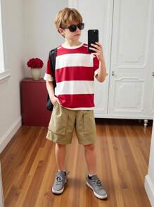 SHEIN Tween Boy's Striped Round Neck Short Sleeve T-Shirt And Shorts Set, Korean Style - Burgundy - View 9
