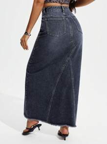 SHEIN ICON Women's Long Straight Casual Denim Midi Skirt With Pockets, Versatile - Blue - View 2