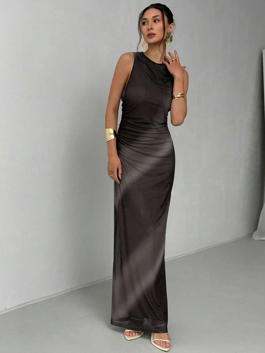 Aloruh 女士优雅渐变色无袖连衣裙，夏季 - 深灰色 - 查看 1