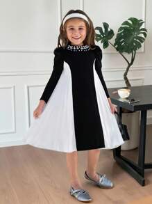 SHEIN Young Girl 1 Pc Pearl Decorated Neck Color Block Patchwork Pleated Dress, Casual Simple Elegant, Wedding Season, Ladylike Gentleman, Autumn And Winter, For Christmas, Party Wear, Daily Wear, Birthday Dress, Princess Dress - Multicolor - View 1