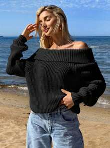 EURMUSE Women Long Sleeve Bardot Neck Sweater - Black - View 4
