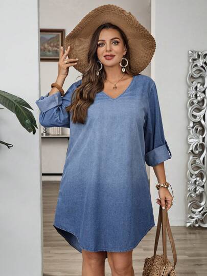 EMERY ROSE Mature Denim Plus Size Women Casual V-Neck Roll Tab Sleeve Curved Hem Denim Dress Women Summer Clothing Women Short Dresses Summer Women Clothes Work Summer Dresses Vacation Woman Vacation Country Concert Vacation Dress Casual Dresses For Woman Teacher For Women Festival For Women Hawaii Women Vacation Country Women, Fall Women Clothes