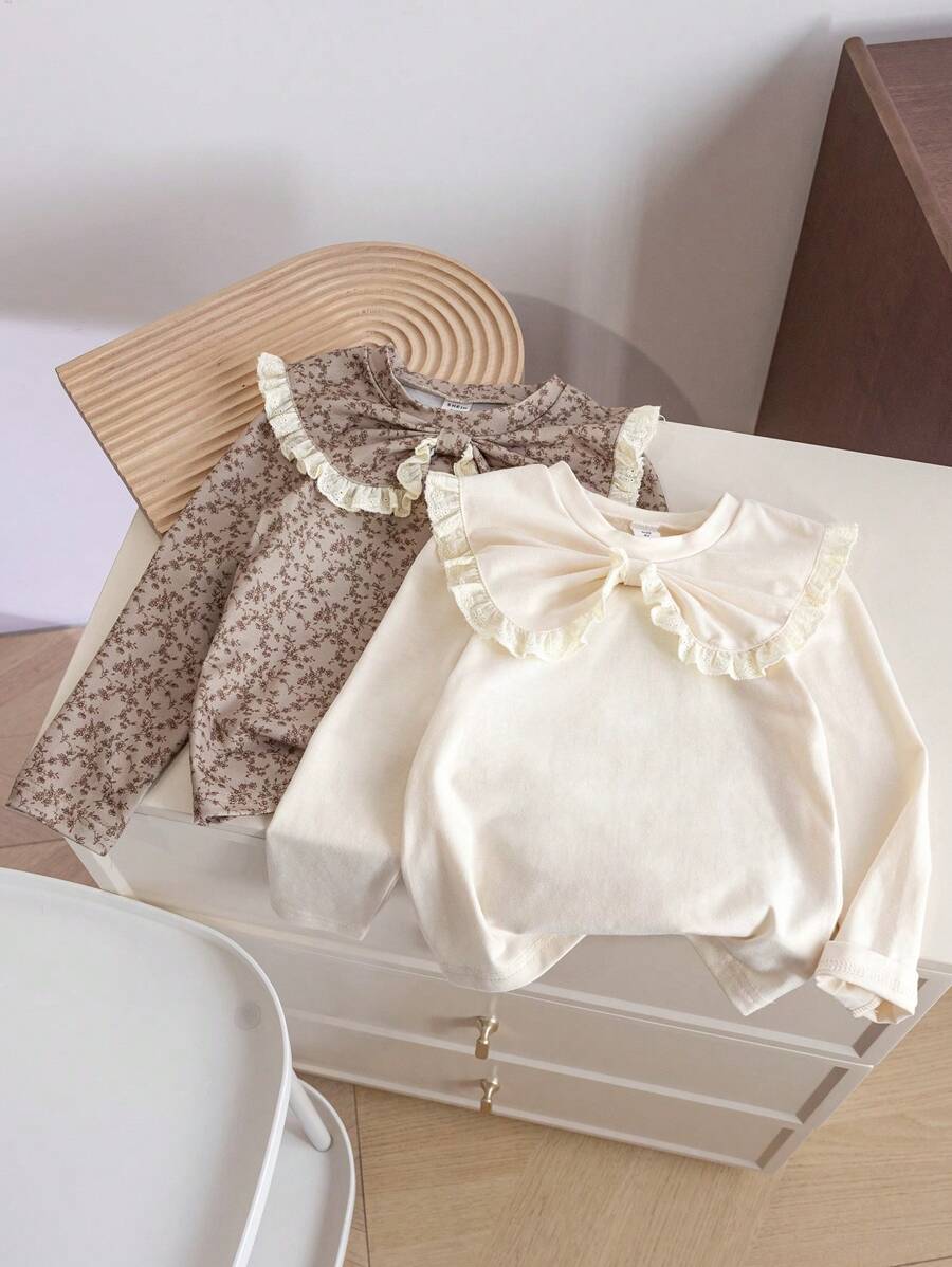 SHEIN 2 件装年轻女孩彼得潘领棕色花卉印花 T 恤，乡村风格，春夏 - 彩色 - 查看 1