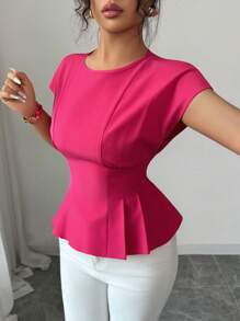 Selianne 新款女士圆领无袖腰部褶皱优雅假日休闲衬衫，让您看起来更高挑、更苗条 - 玫紅色 - 查看 3