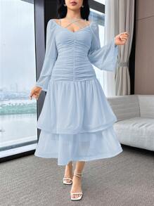Modelyn Women's Casual Solid Color Ruched Waist Mid-Length Dress - Blue - View 4
